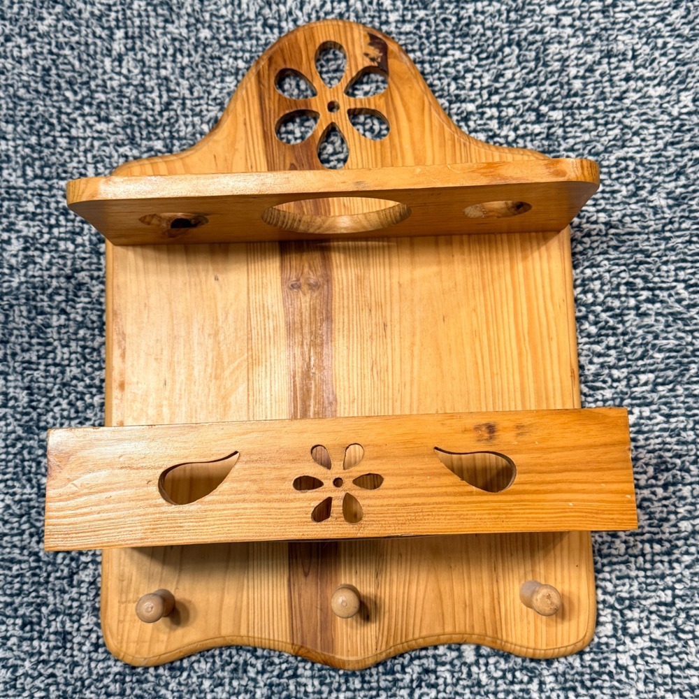Vintage Rustic Wooden Wall Organizer Shelf Key Holder Floral Cutouts Farmhouse